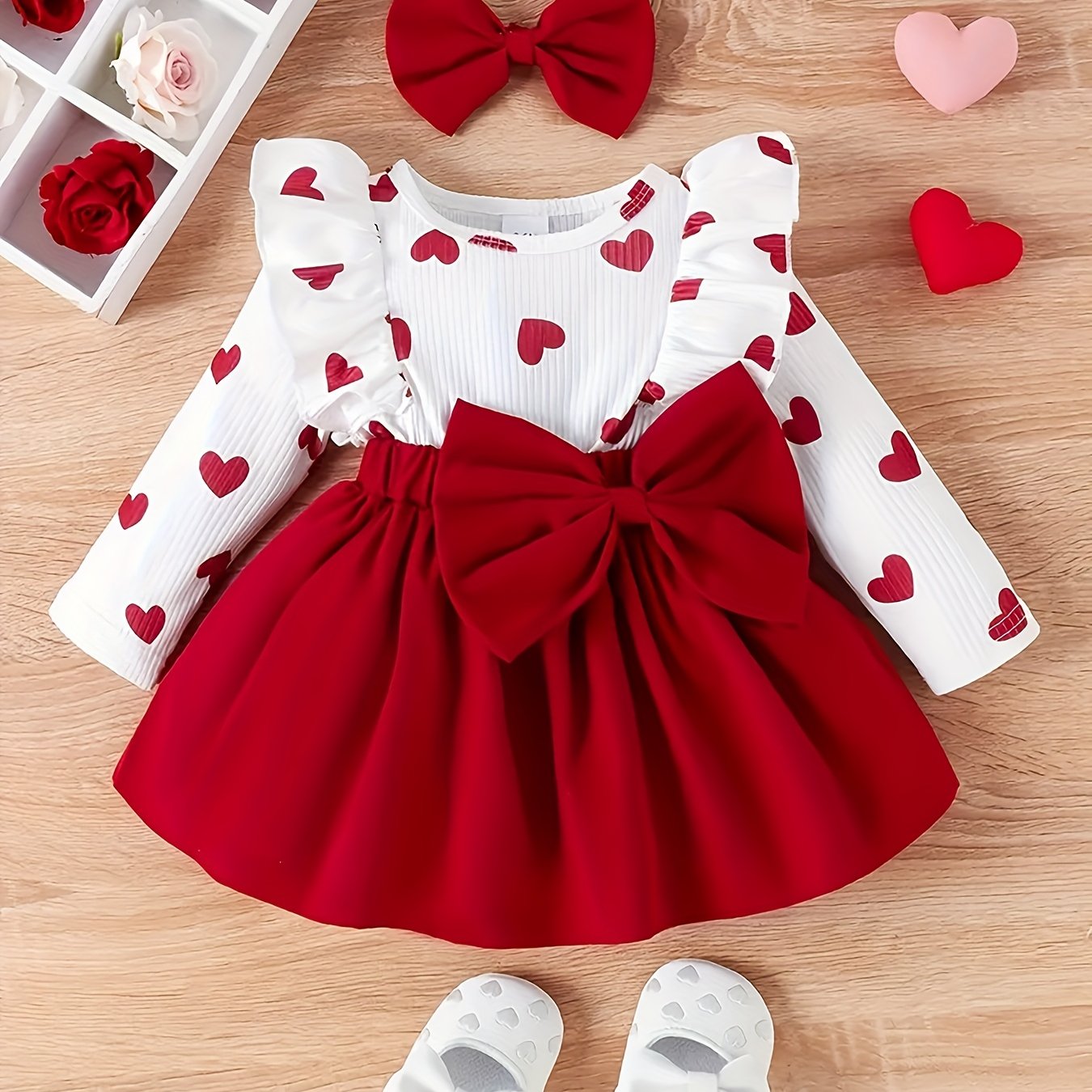 Valentine's Day dress with lace, big bow, love print, and headwear.