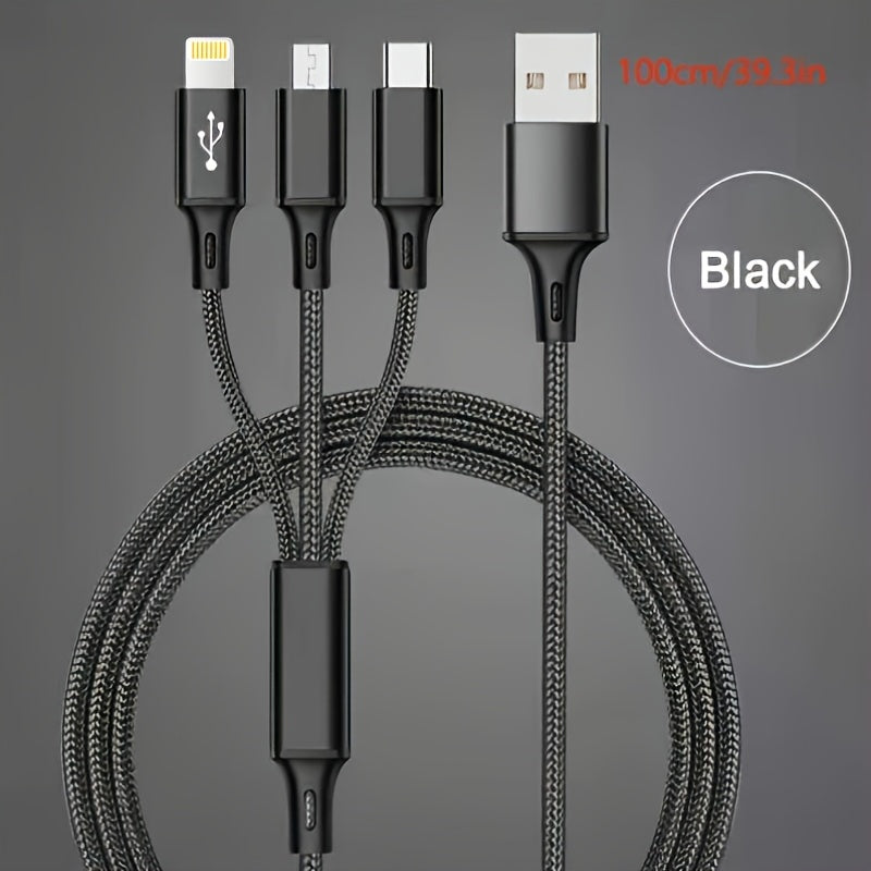 1.2M Nylon Braided Fast Charging Multi-function 3-in-1 Cable for IP/Type-C/Micro-USB, Compatible with Mobile Phones and Tablets