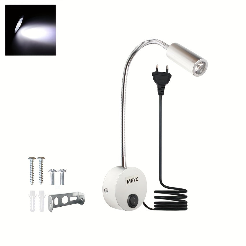 Wall-mounted reading light with flexible goose neck LED spotlight, plug and switch, suitable for bedroom, bedside, office, workbench, studio.