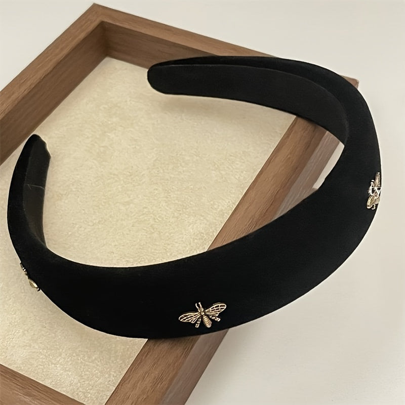 Stylish black velvet headband with golden bee embellishments, perfect for women on Valentine's Day.