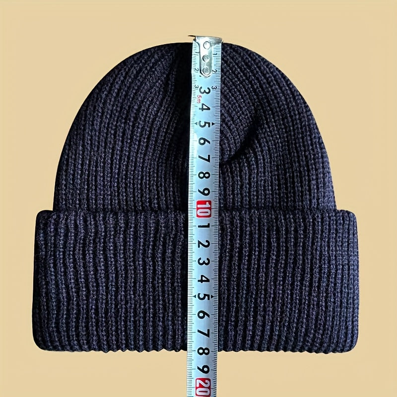 Knitted beanie for men - warm and elastic winter hat with letter patch, perfect for active leisure and holiday gifting, including Valentine's Day.