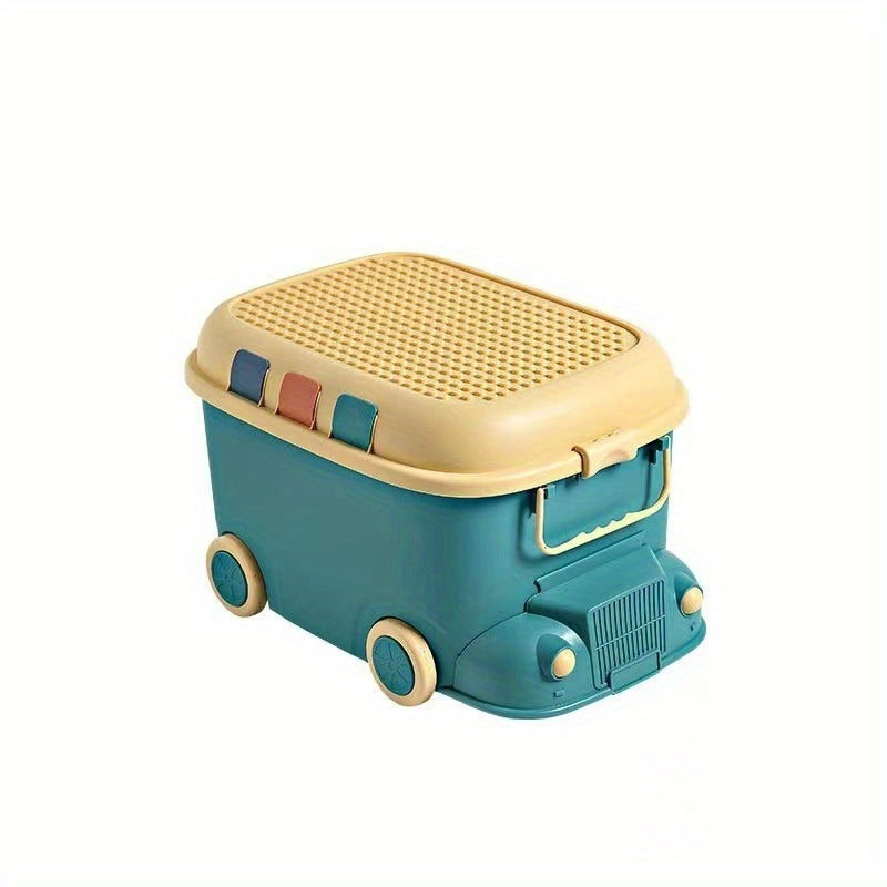 Blue plastic toy storage box with wheels for building blocks, snacks, small items, bedroom, living room, and home decor.