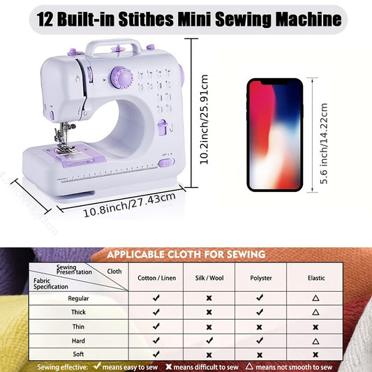 Portable sewing machine comply with European regulations - 12 stitches, dual-speed pedal, perfect for home and beginner use.