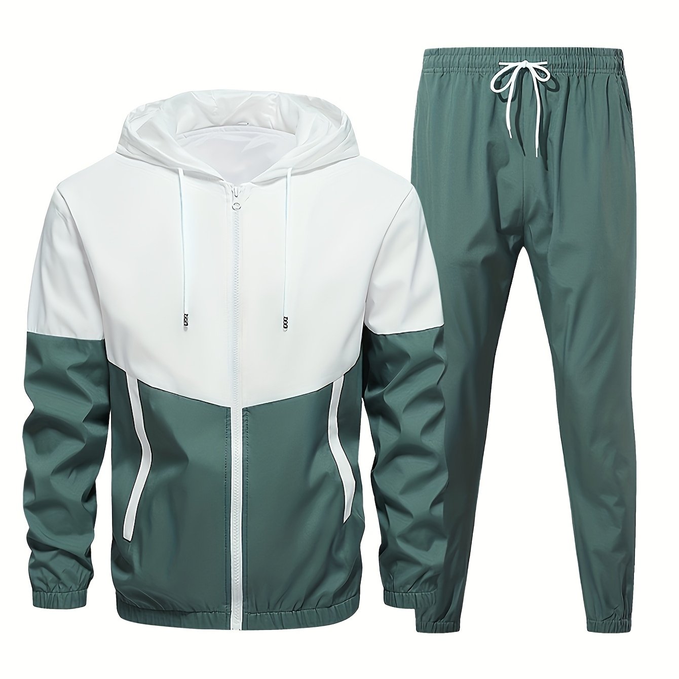 Casual men's sports suit with hooded jacket and pants, featuring a trendy color block design. Made of polyester with slight stretch, drawstring detail, and regular fit.