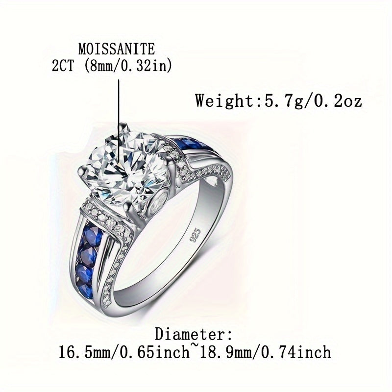 Beautiful 2ct Moissanite Engagement Ring adorned with stunning Blue Side Stones, crafted in 925 Sterling Silver Plating. This Boho Royal Style ring is ideal for both daily wear and special festival celebrations, making it a wonderful Mardi Gras gift.