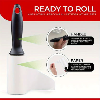 Ergonomic black handle lint roller with extra stickiness, ideal for pet hair on furniture and clothes. Available in 640/320/160 sheets. No power needed, easy to use.