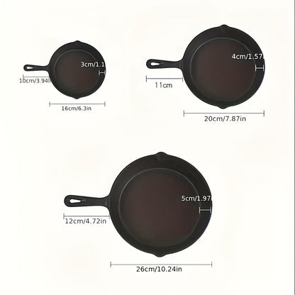 Cast Iron Skillet Set with Scraper & Lid - 3 Pieces, Pre-Seasoned Non-Stick Cookware for Frying, Stirring, and Baking - Must-Have Kitchen Tools.