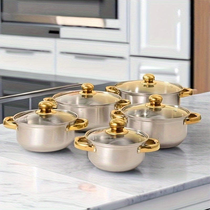 Complete Set of 10 Stainless Steel Soup Pots with Double Handles and Glass Lids - Perfect Cookware for Home and Restaurant Use, Induction Compatible for Versatile Cooking, Great for Stews, Noodles, and Outdoor Camping