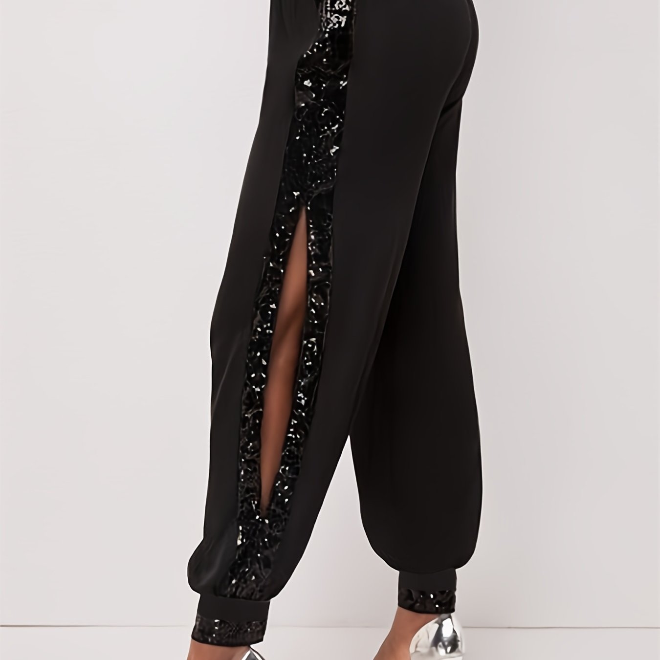 Elegant plus size harem pants with sequin detail, high waist, machine washable.