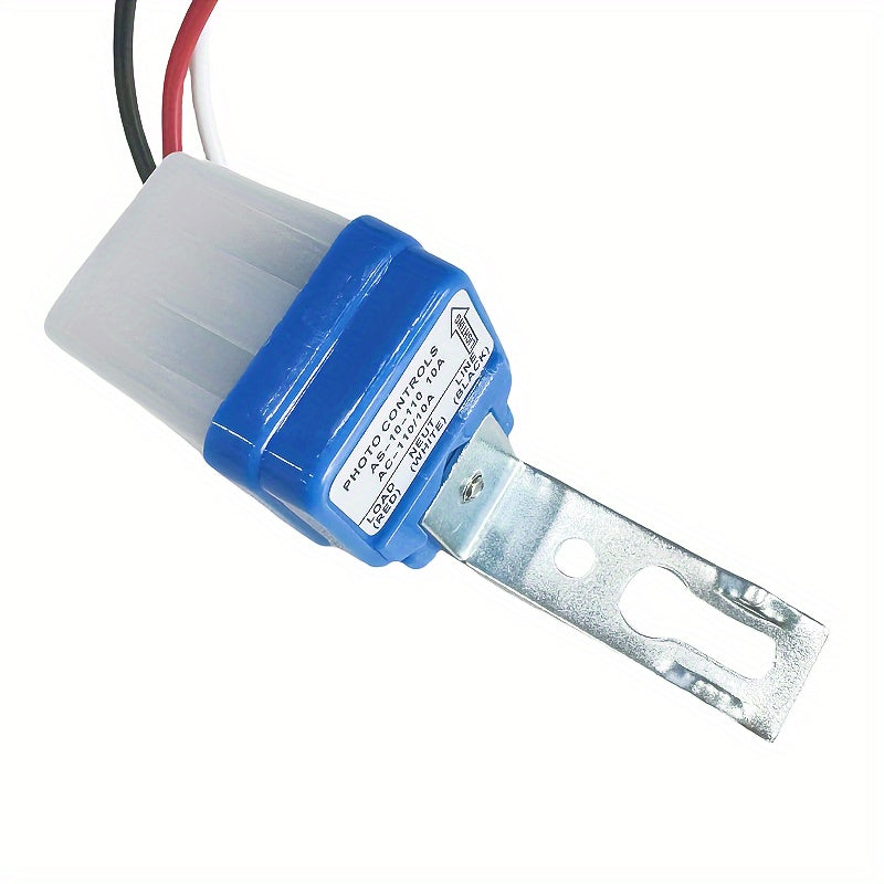 AS-10 Automatic Photocell Light Switch with 10A capacity, suitable for 110V/220V. Automatically turns lights on/off. Blue with white terminals. Ideal for outdoor street lights. Features