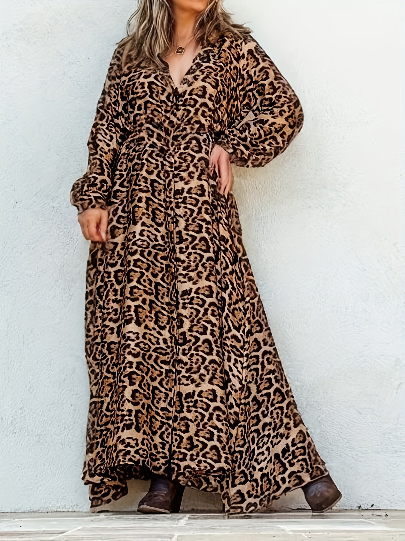 Leopard Print V-Neck Dress with Belt - Lightweight polyester, machine washable - Great for spring/summer/fall, plus size casual wear.