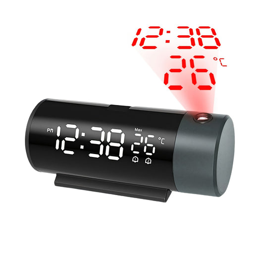 Digital smart projection clock with USB connection, dual alarms, sleepy function, time and temperature projection, and 4 brightness levels.