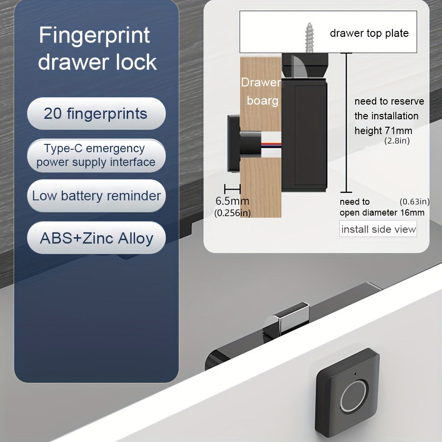 ABS Fingerprint Drawer Lock for home and office cabinets. Battery operated with easy installation. Battery not included.