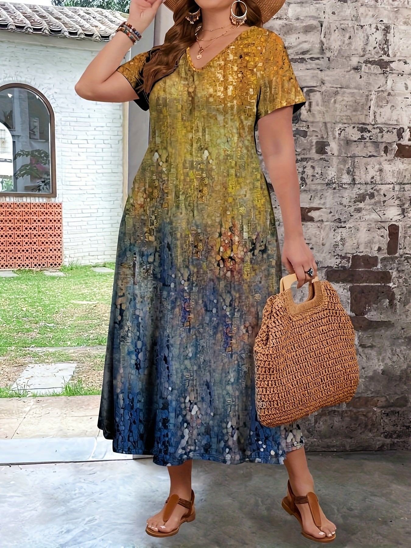 Floral print plus size dress for spring and summer, casual V neck style.