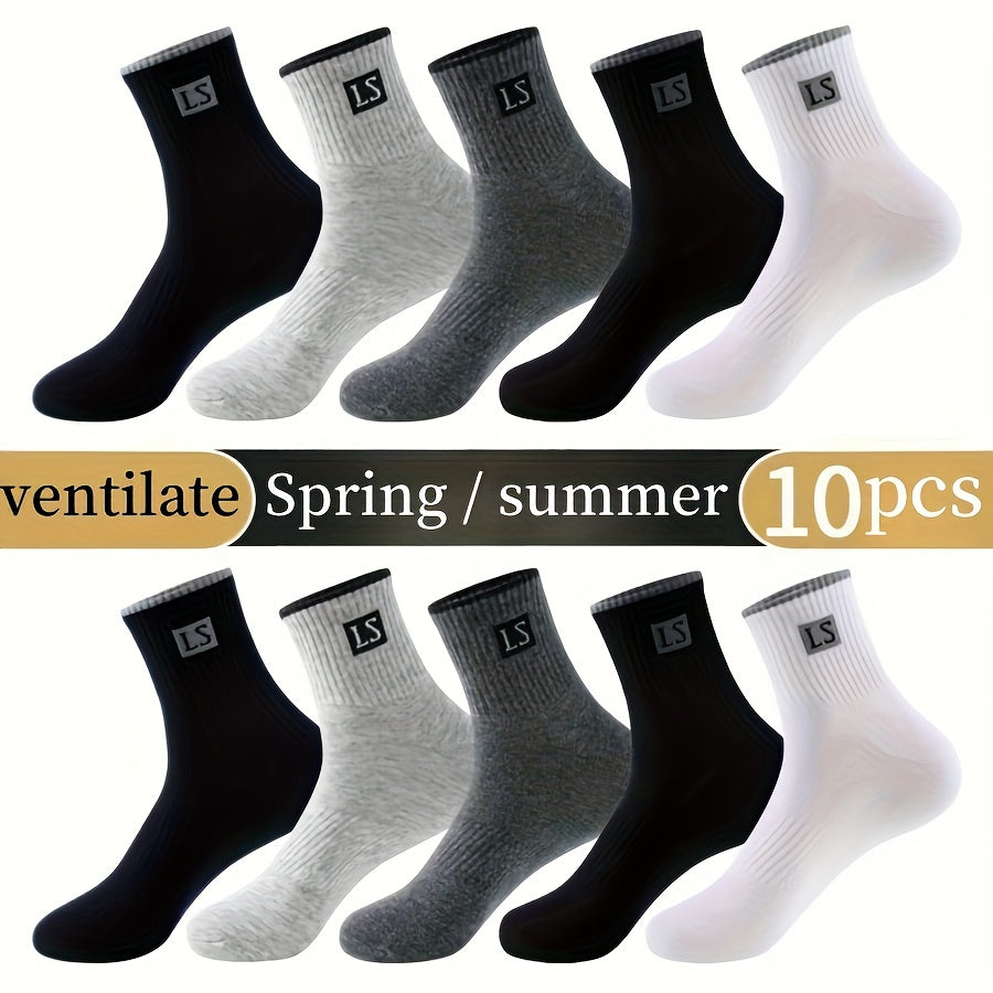 5 pairs of men's trendy solid crew socks, breathable and comfy for outdoor and all-season wear.