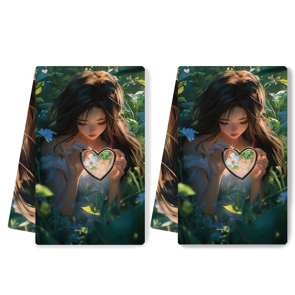 This set includes two ultra-soft kitchen towels featuring an anime girl with long brown hair holding a heart-shaped magnifying glass as she explores a garden. These highly absorbent dish towels are ideal for holiday decoration, can be machine washed, and