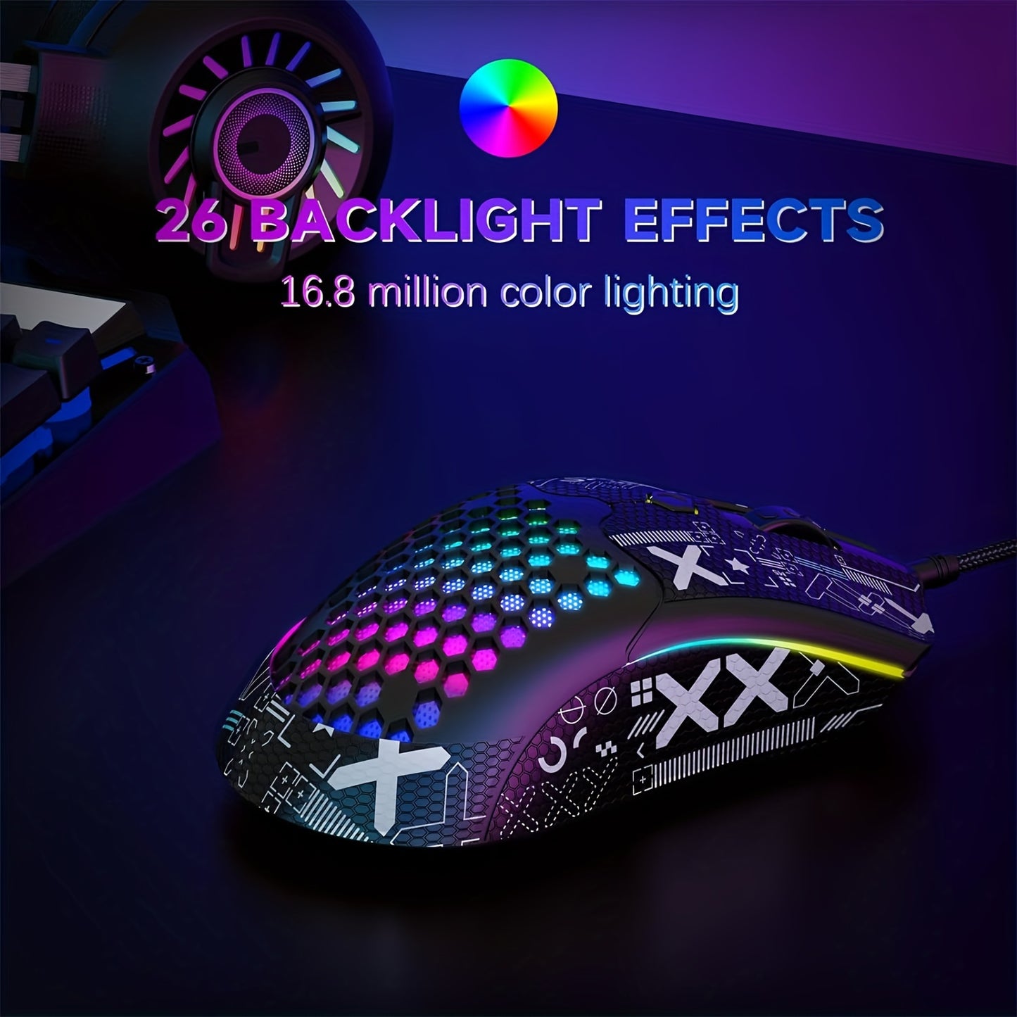 M5 Gaming Mouse with 65G Lightweight Honeycomb Housing, Ultraweave Cable, 26 RGB Backlighting, and Pixart 3325 12000 DPI Optical Sensor.