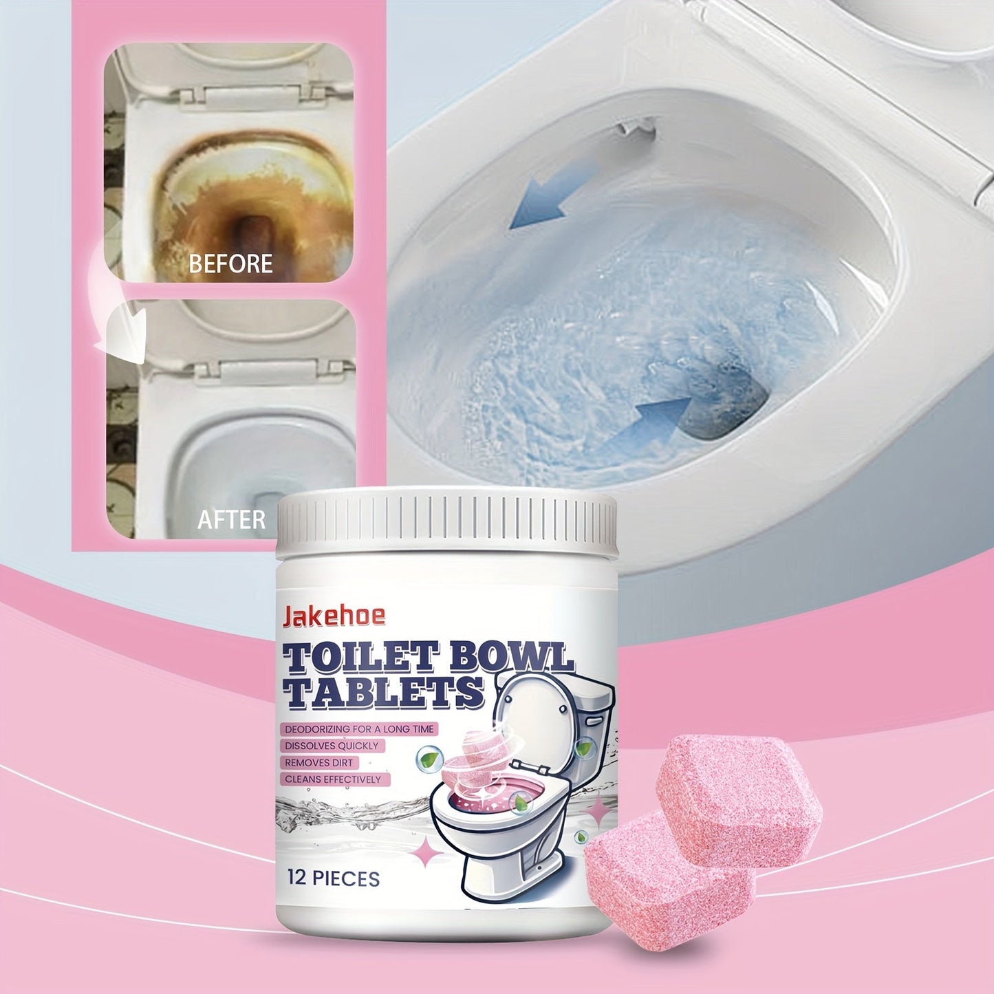 No-Residue Effervescent Tablets for Sparkling Clean Toilet Bowls - Removes Stains and Dirt with Sodium Hydrogen Carbonate Formula, Ideal for Home Cleaning.