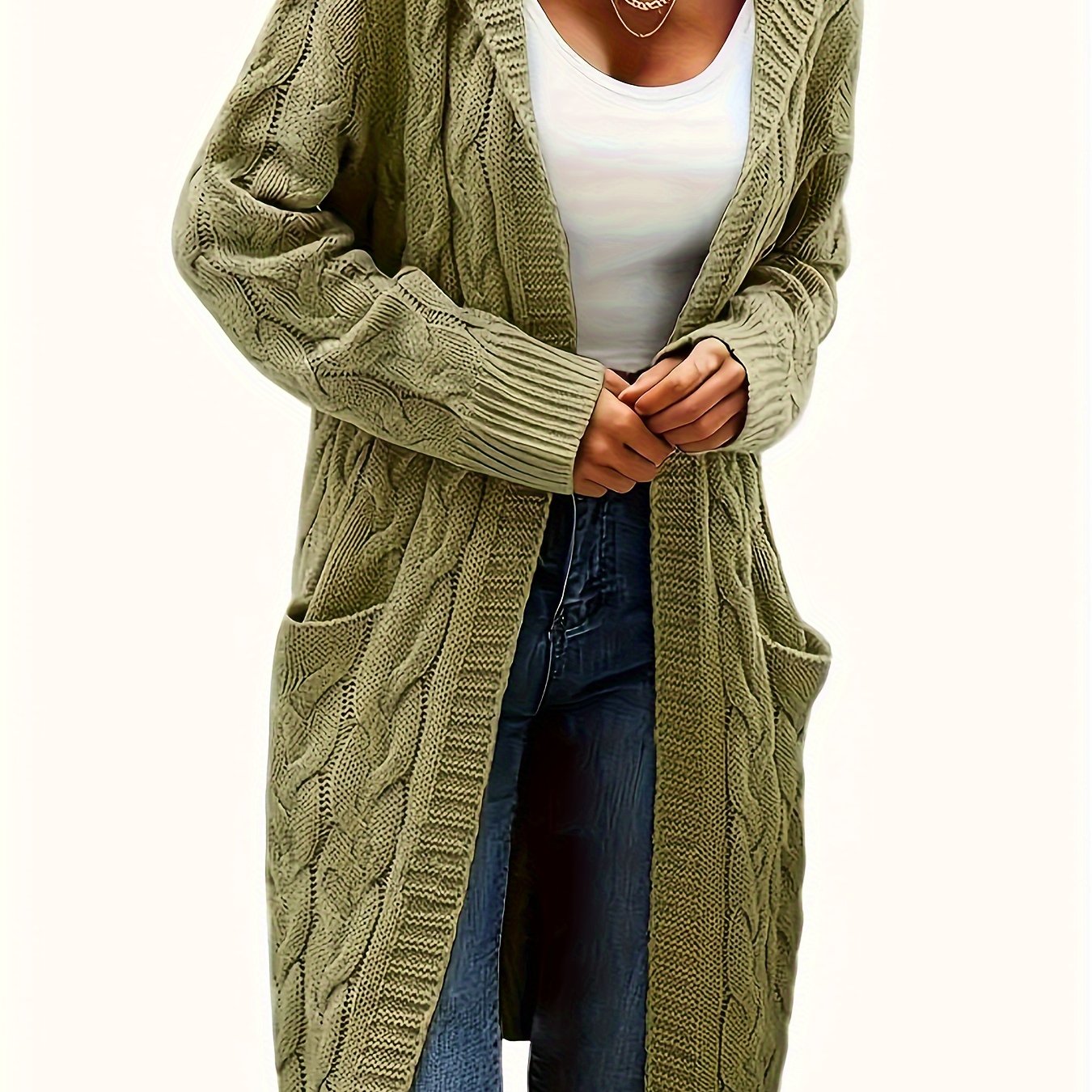 Casual hooded cardigan with cable knit pattern and front pockets, made of cozy acrylic for fall/winter. Machine washable and perfect for layering.