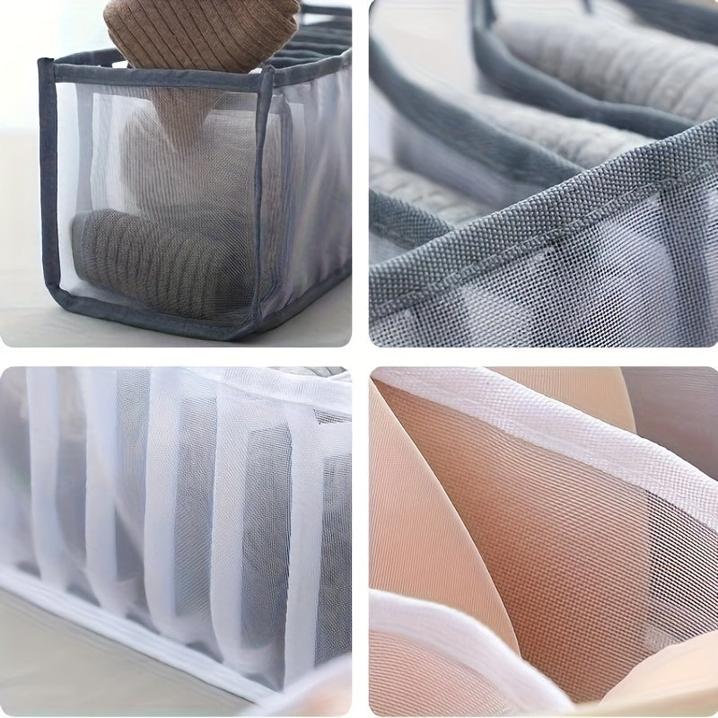 Underwear storage box with three compartments fitting socks and panties, drawer-style organizer for closet.