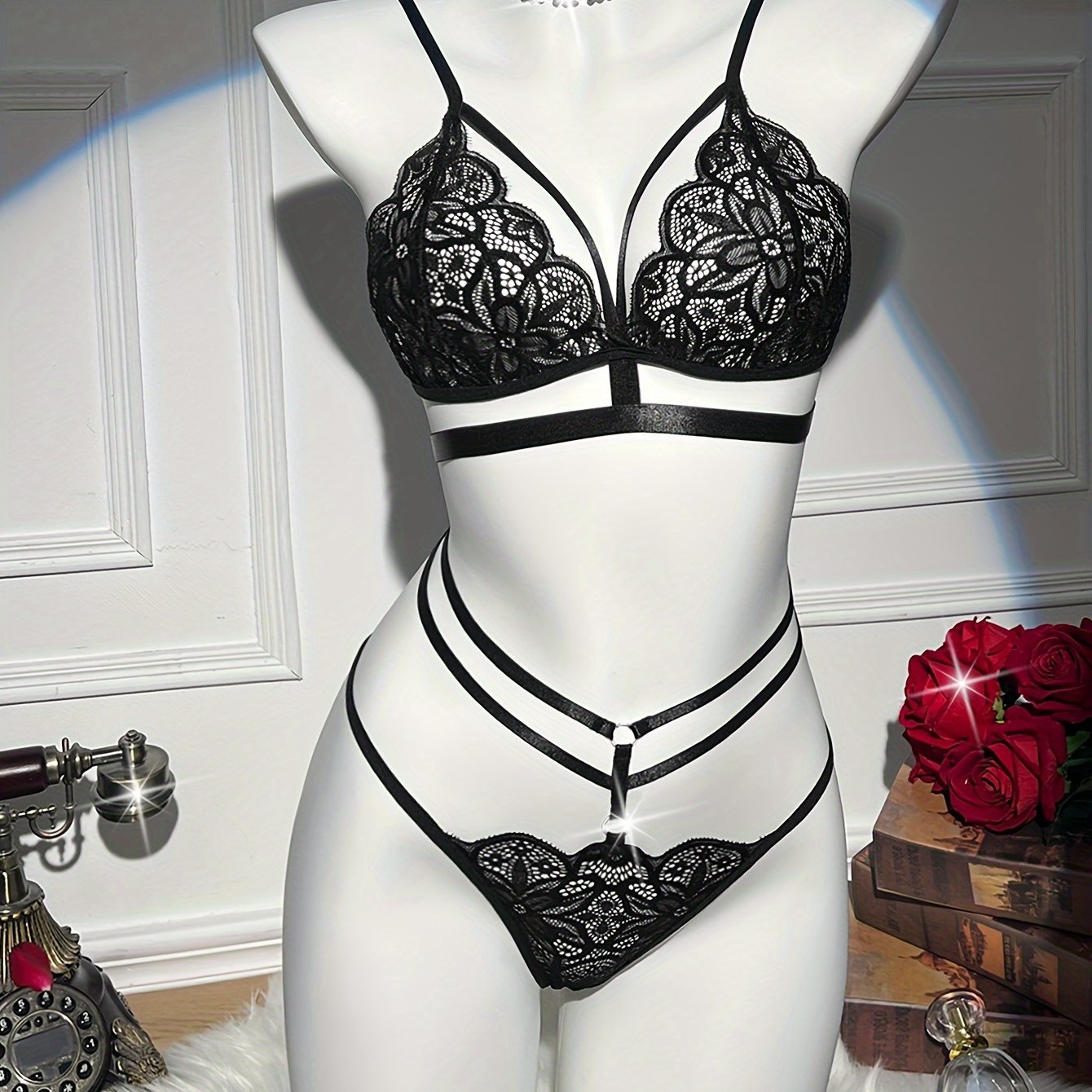 Sexy floral lace lingerie set includes a cut-out push-up bra and strappy thong.