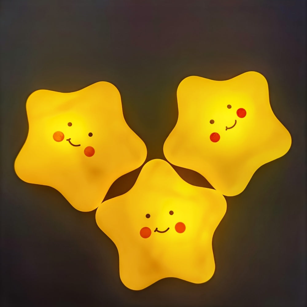 Star-shaped LED night light with cute smile expression, emits soft yellow glow, made of plastic and operates on batteries. Perfect for room decor.