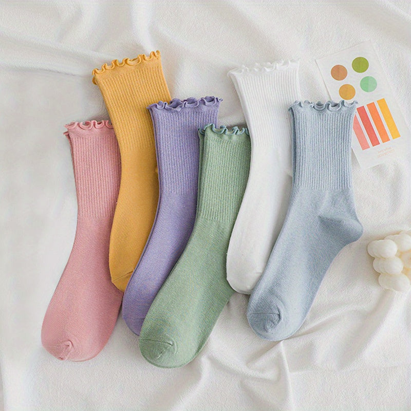 6 pairs of comfortable and breathable mid tube lettuce trim socks for women.