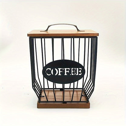 Stylish Black Wire and Wood Coffee Pod Holder with Lid - Holds Plenty of K-Cups, Tea Bags & More - Great for Home or Office Counter Organization