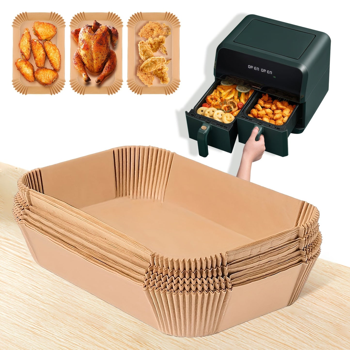 100 pieces of large rectangular silicone air fryer liners - featuring non-stick coating, easy to clean, oven safe disposable baskets for baking and cooking - essential space-saving kitchen tools.