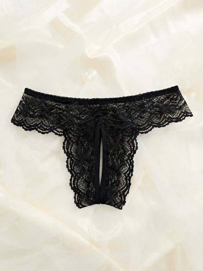 Sexy black lace panties with open crotch, low-rise design, perfect for Valentine’s Day.