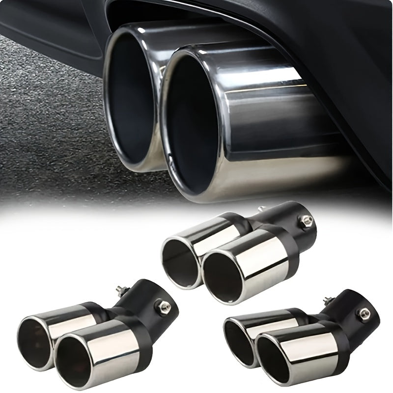 Universal dual air outlet exhaust head in chrome stainless steel for automotive rear tailpipe accessories.