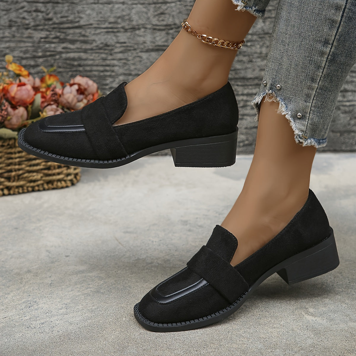 Square-toe low heeled work loafers for women in chunky style.