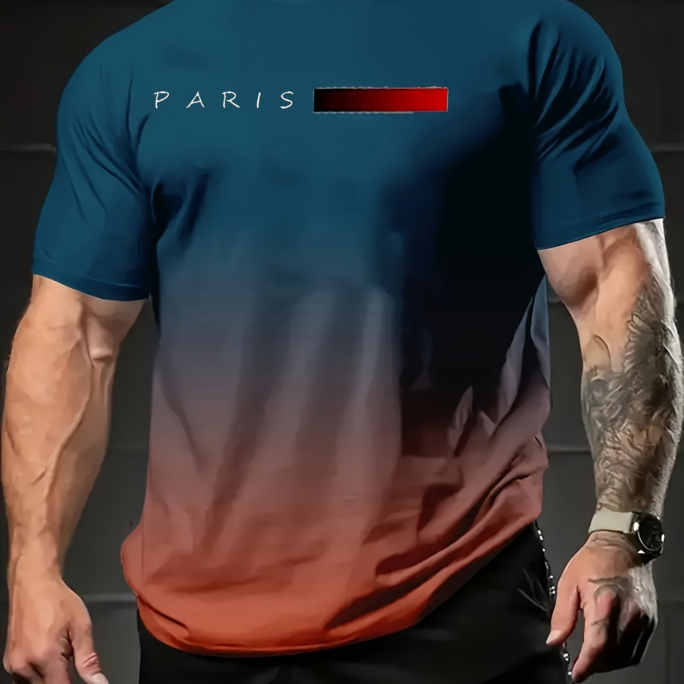 Vintage-inspired gradient Paris graphic tee for men features a black to red transition with iconic "PARIS" design. Made of a polyester blend, it has a crew neck, short sleeves, and is