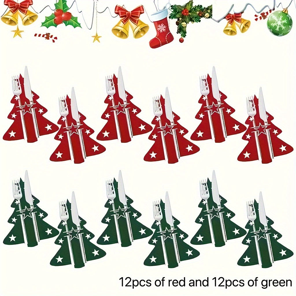 Festive cutlery holders with star-adorned red Christmas tree design for holiday dining.