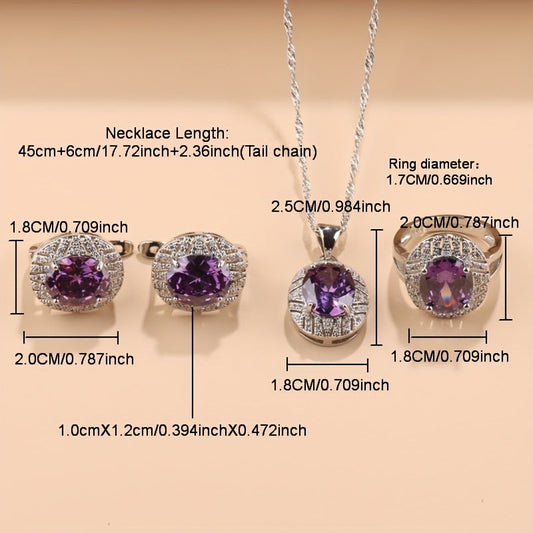 Stylish Silver-Plated Bridal Jewelry Set with Synthetic Cubic Zirconia - Minimalist Copper Necklace, Earrings, and Rings Perfect for Weddings, Everyday Wear, or as a Christmas Gift for Women - 4 Piece Set