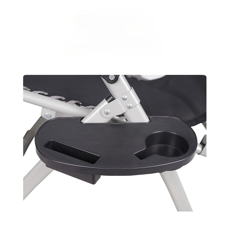 Accessory tray for zero gravity chair featuring a cup holder and phone slot. Easily installed with durable clip-on design. Made of black plastic, no electricity required. Perfect addition to your beach leisure chair.