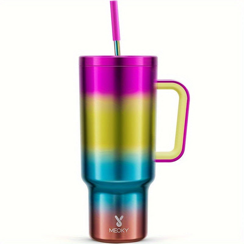 MEOKY 40oz Stainless Steel Tumbler with Lid, Straw, and Handle, Insulated, Leak Proof, BPA Free, Hand Wash Only, Perfect for Outdoor Activities.