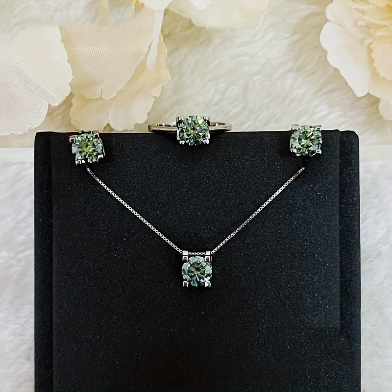 Complete 925 Sterling Silver Moissanite Jewelry Set featuring 1 pair of Earrings, 1 Necklace, and 1 Ring adorned with a 1ct Moissanite stone. High quality pieces ideal for Engagement or Wedding, a perfect Christmas gift complete with Certificate and Box.