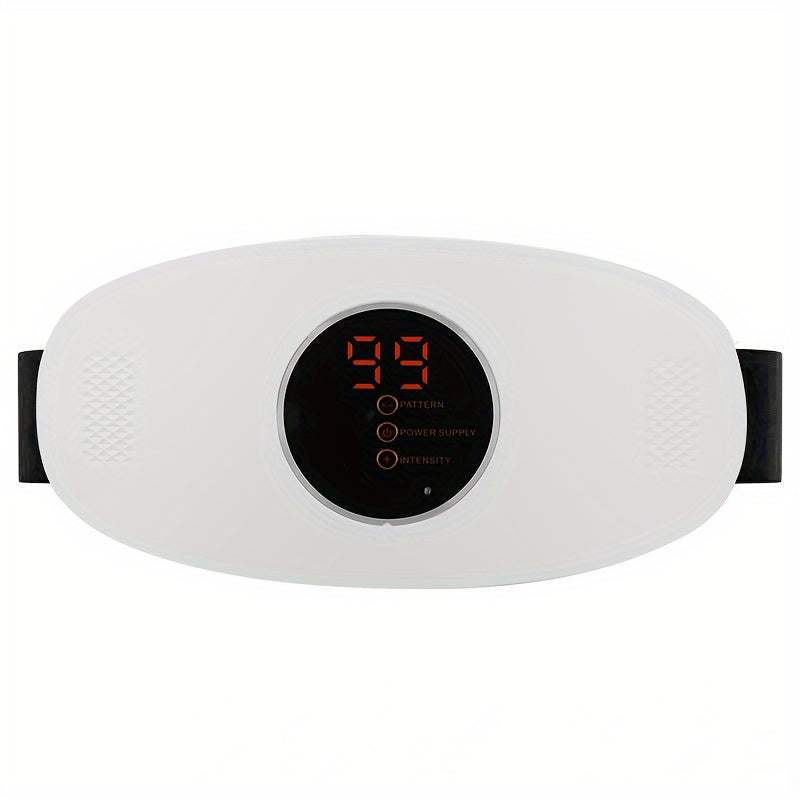 Rechargeable waist massager with vibration and elastic belt, USB charging included.