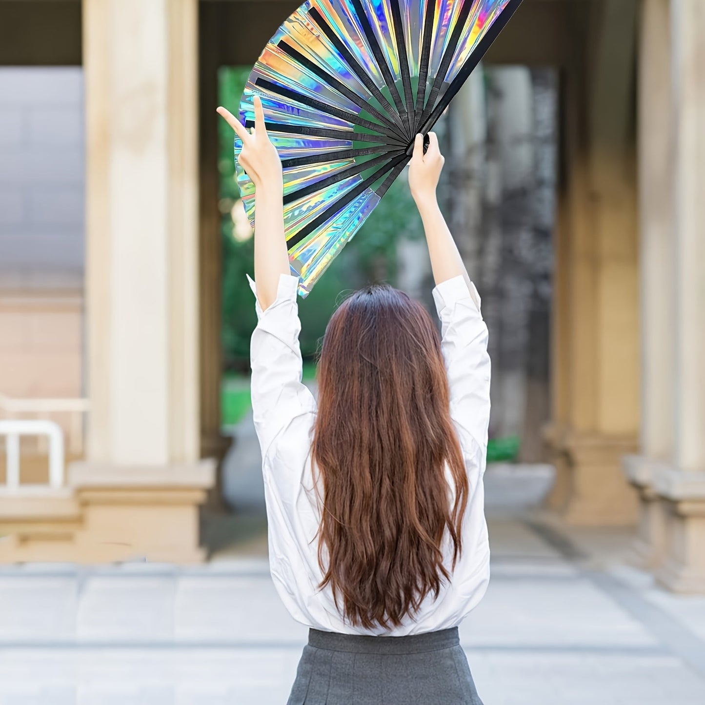 Handheld Party Fan - Vibrant colors make it perfect for festivals, rainbow outfits, disco parties, and dancing. Made of high-quality wooden material, this large folding fan is a stylish accessory to keep you cool at any event.