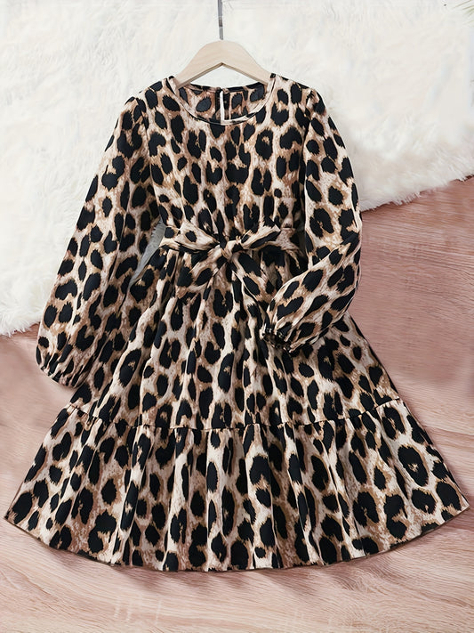 Girls Leopard Print Dress with Bow Belt, Ideal for Gift or Party