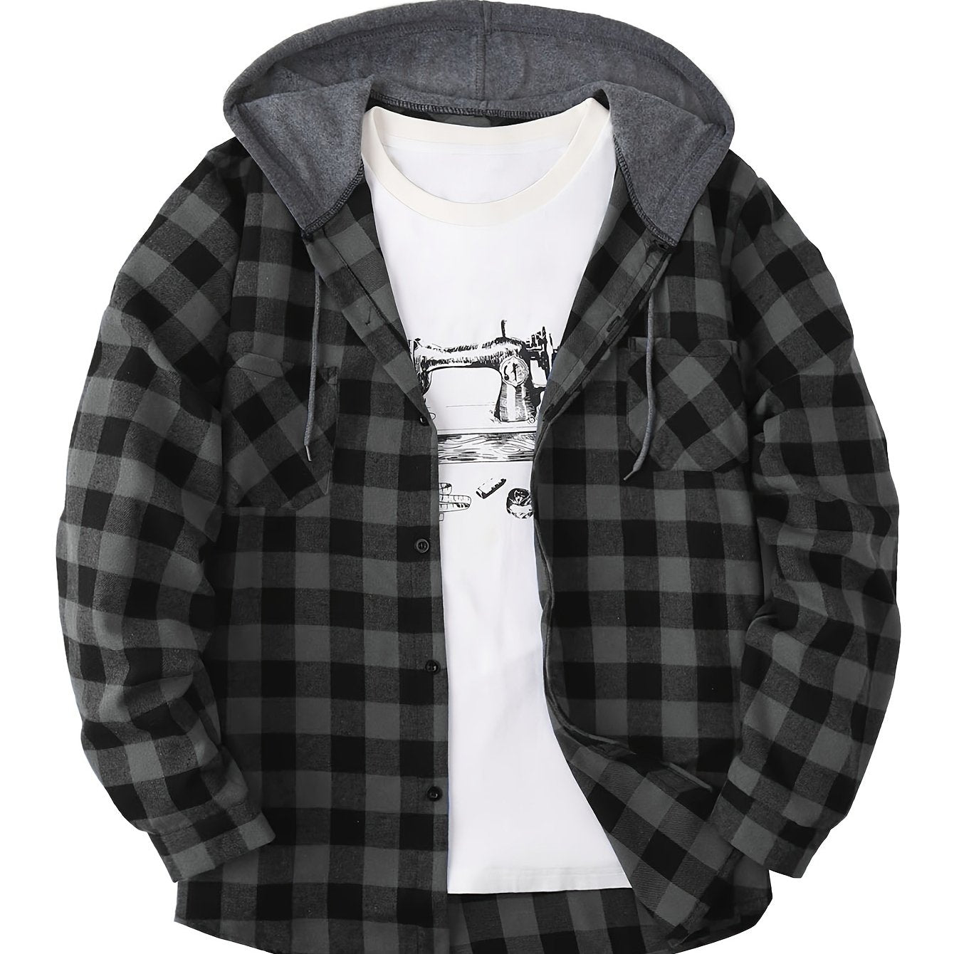 Men's plaid hooded shirt jacket with long sleeves and a regular fit.