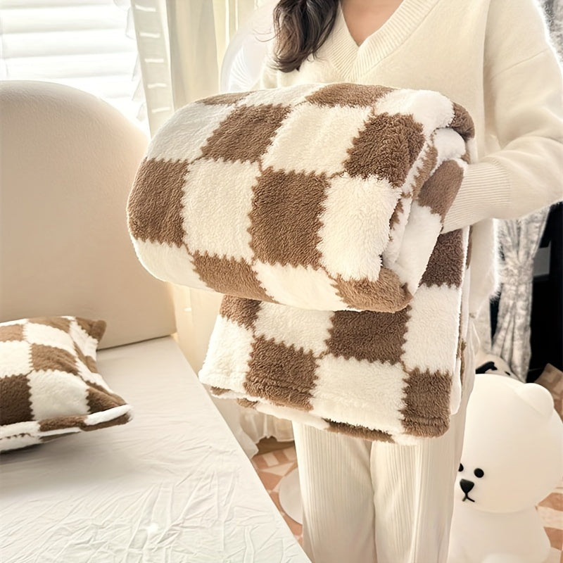 Soft and cozy plaid flannel throw blanket, perfect for staying warm on the couch, napping in the office, or traveling. Features a versatile checkerboard design and is machine washable for easy care.