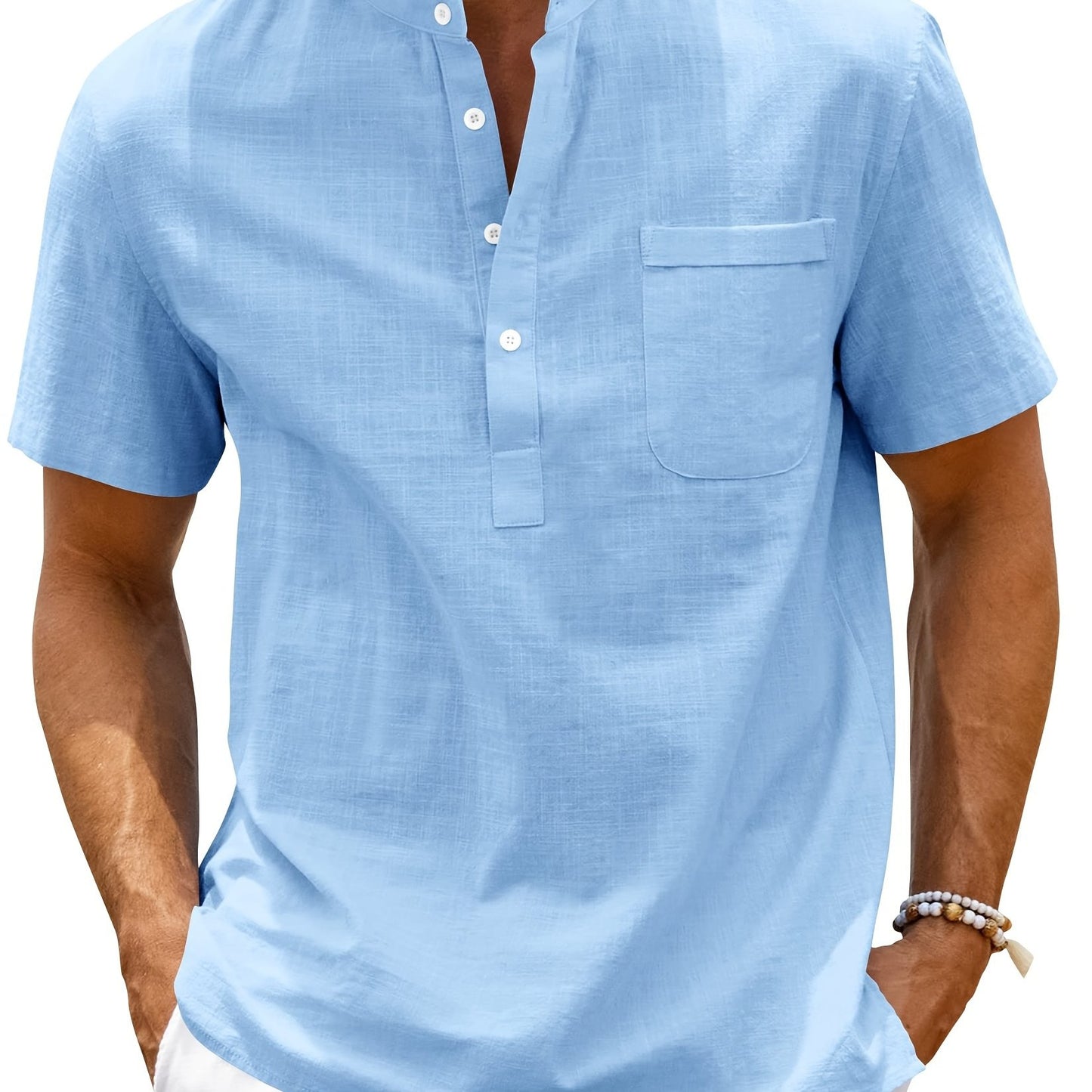 Men's loose fit cotton short sleeve shirt with stand collar and pocket, perfect for summer beach vacation.