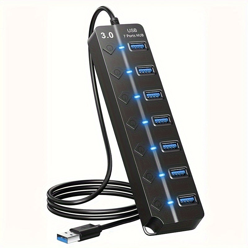 Compact 7-Port USB 3.0 Hub with LED Indicators, On/Off Switches, Extension Cable - High-Speed Data Transfer, Portable Design for various devices - Black