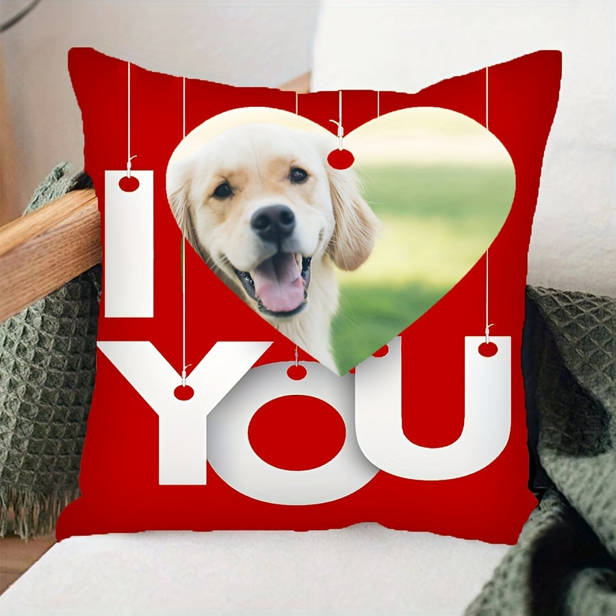 Personalized custom pillowcase cover featuring a short plush red heart background with single-sided printing. Dimensions: 45cm x 45cm (18in x 18in). Message on cover reads "Love You." Pillow core not included.