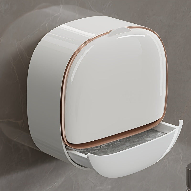 Oval white soap dish with lid mounts on wall for organized bathroom storage.