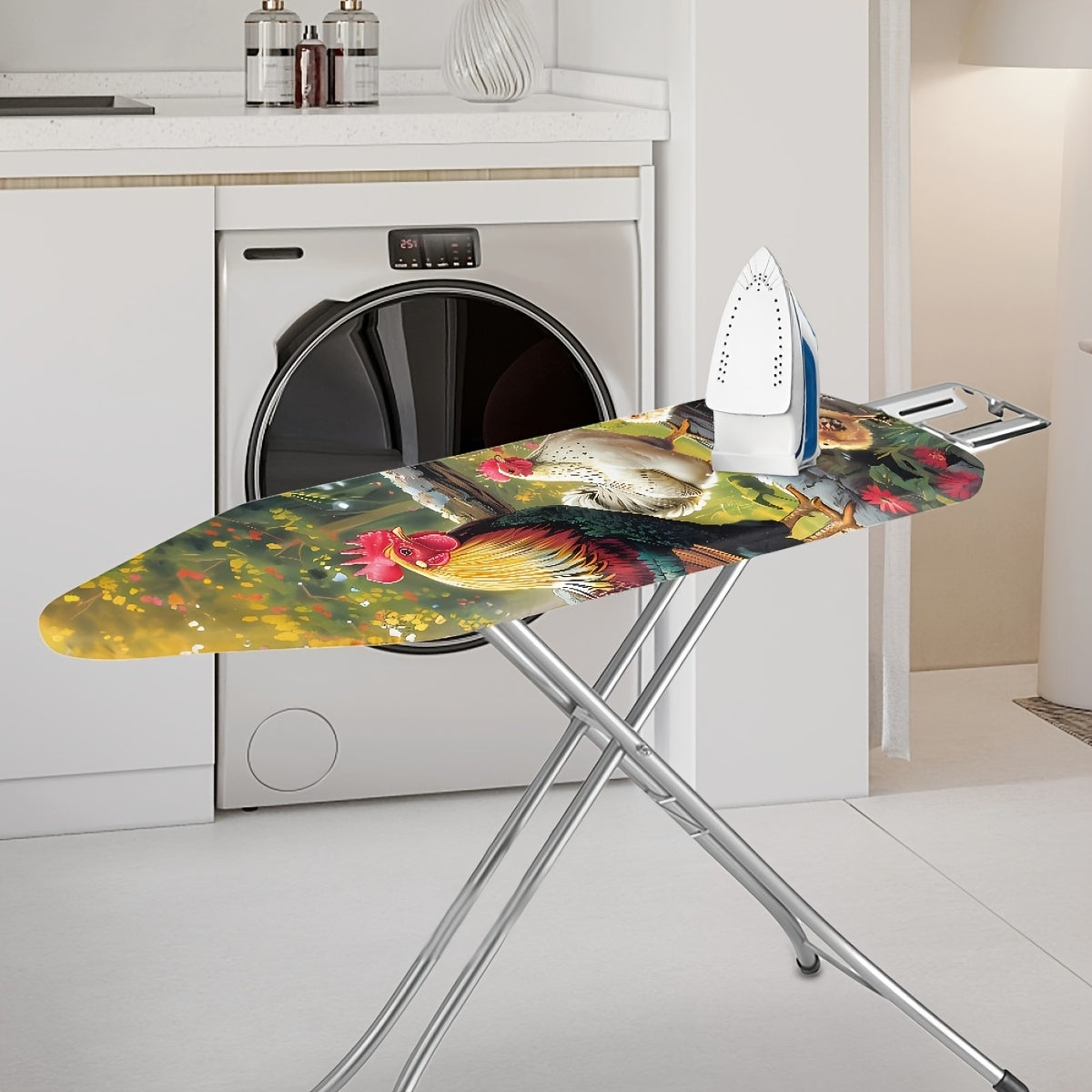 Farmhouse Ironing Board Cover featuring an Artistic Rooster & Hen Design - Made from PET Material, Dustproof, Non-Stick, and Stain-Resistant with Elastic Edge for Easy Installation - Perfect for Home Use or as a Gift