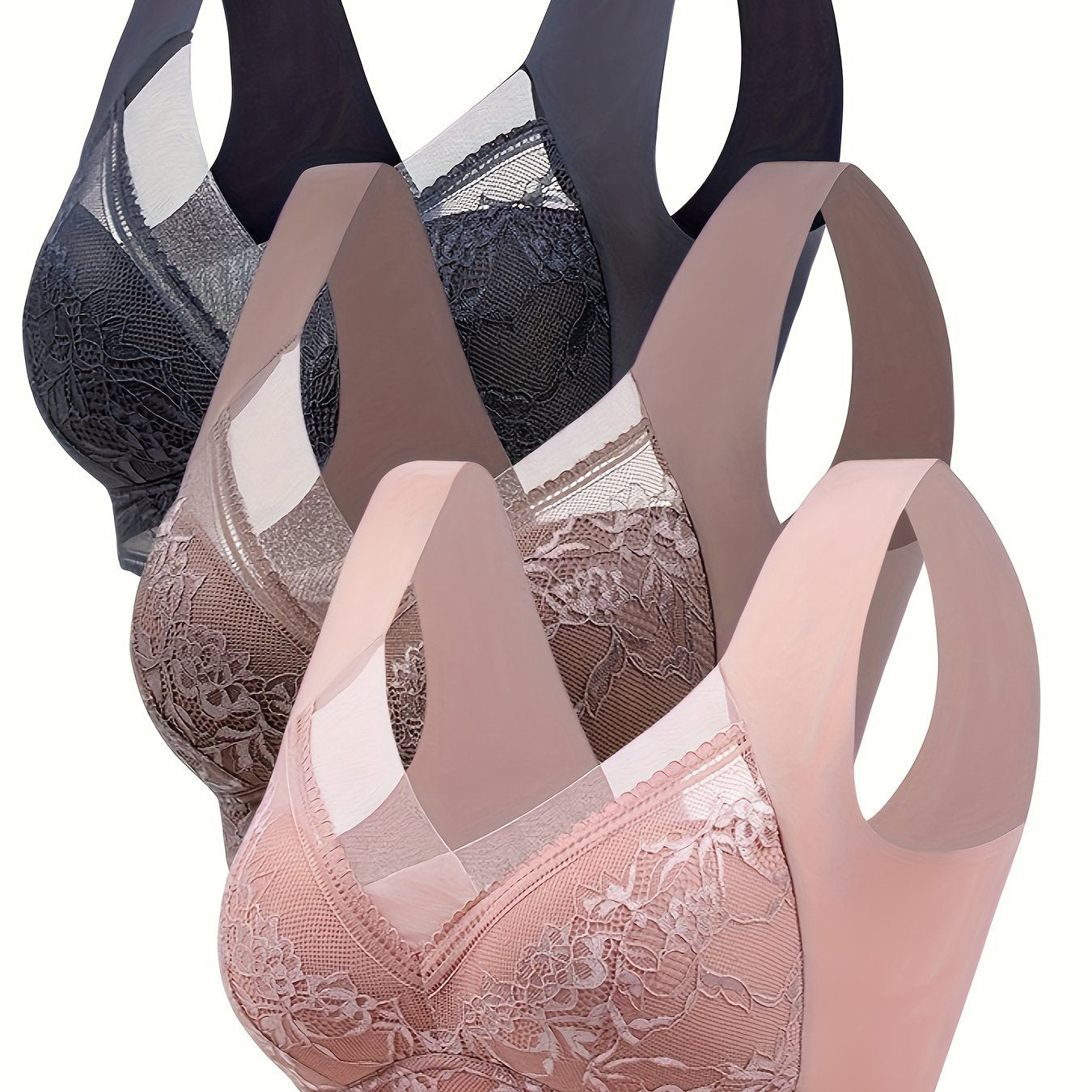 Set of 3 beautiful lace-wrapped wireless bras with fixed cups for breast support and seamless vest style.