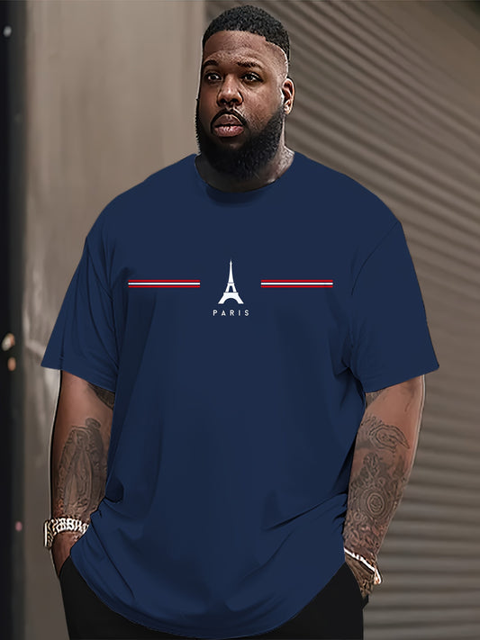 HXMRBY Men's plus size sports T-shirt with 3D Eiffel Tower print, short sleeves, round neck, striped polyester fabric, and regular fit.